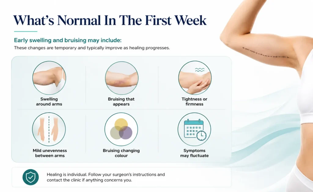 Brachioplasty Recovery In The First Week Infographic by Dr Mark Kohout